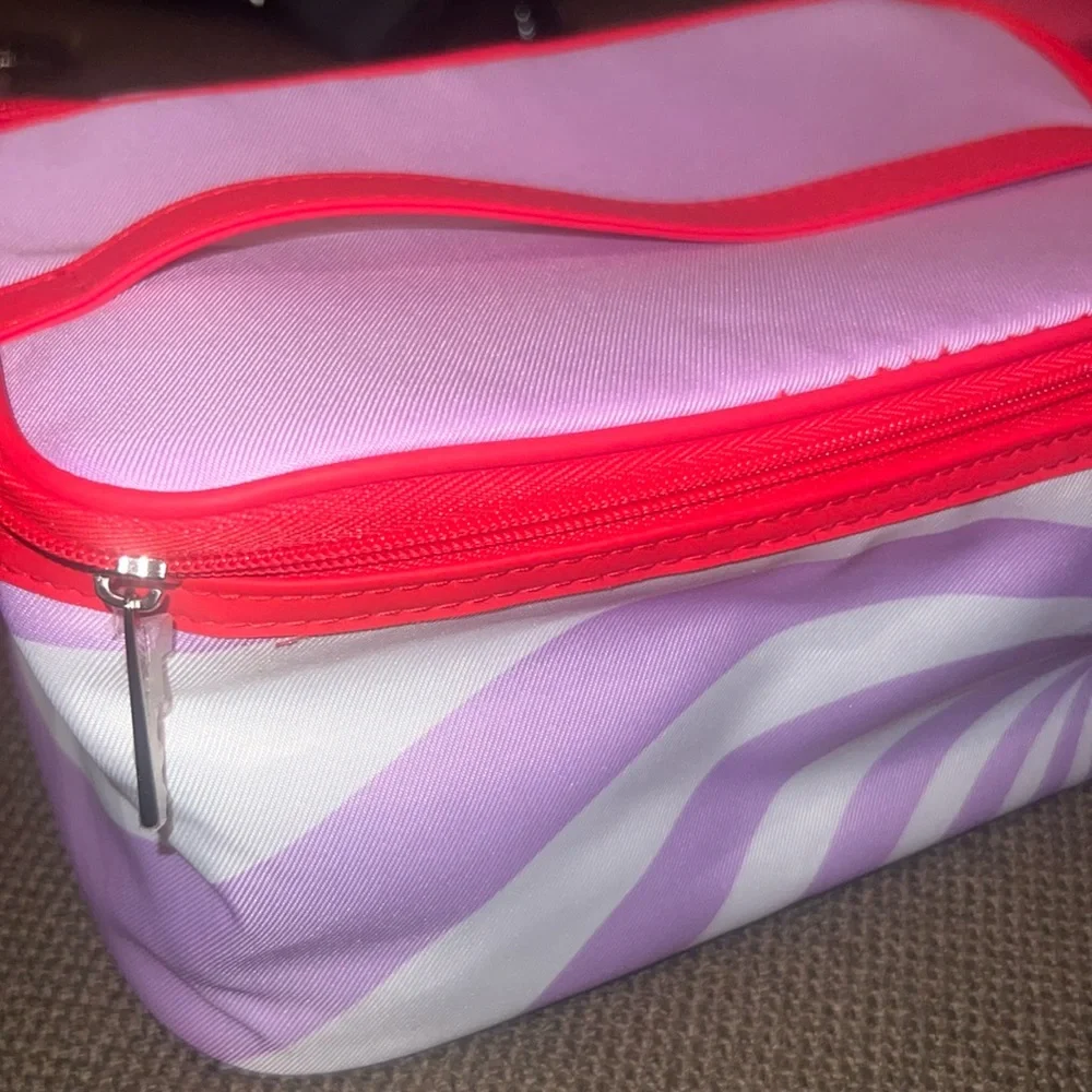 Clinique Makeup bag toiletries case cosmetics travel peppermint swirl red purple